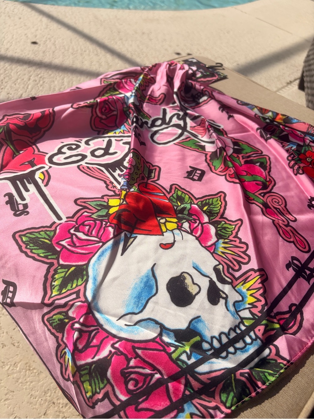 Ed Hardy Pink Skull & Rose head Graphic Scarf